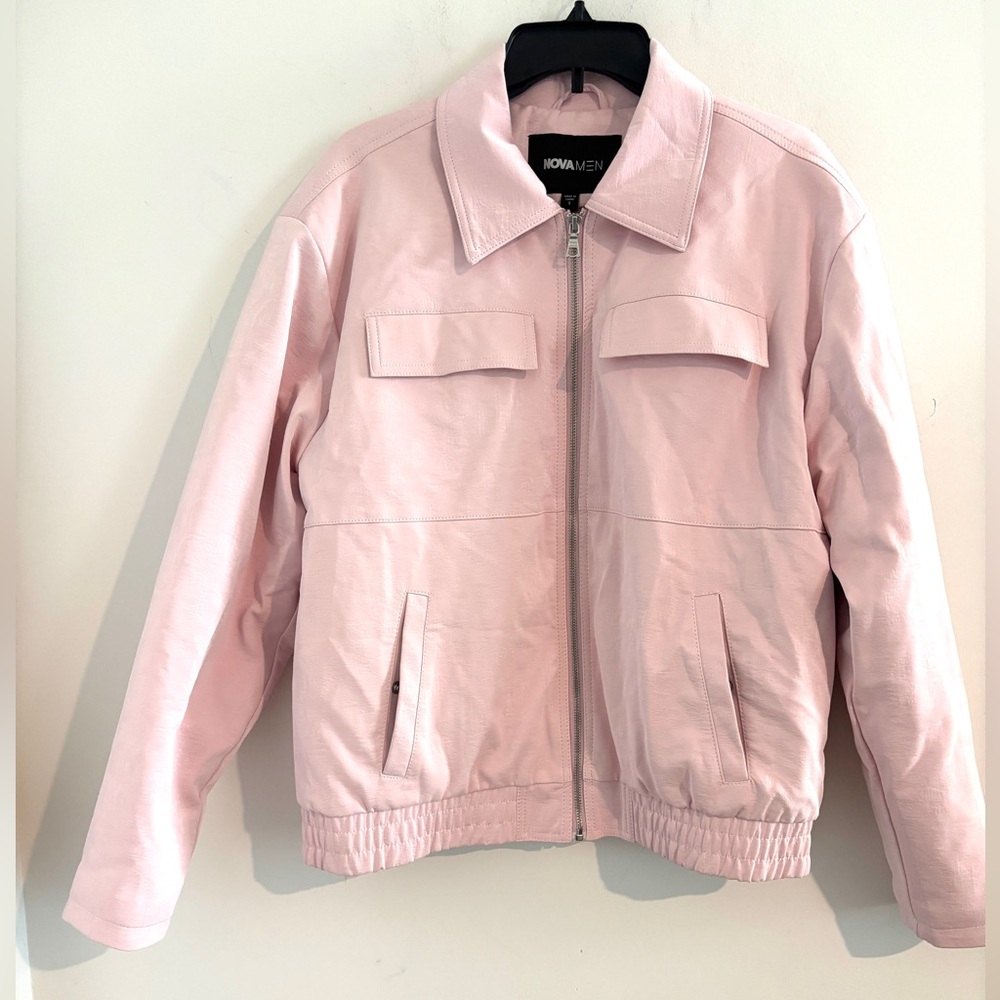 Fashion Nova Men Size S Light Pink Zip-Up Bomber Jacket Faux Leather Streetwear